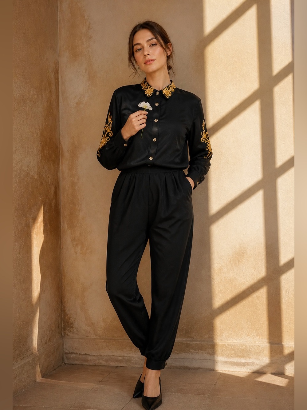 80s Jumpsuit Stirrups PG Collection by Ginger Bort Romper Gold Embroidery XL - Picture 2 of 14